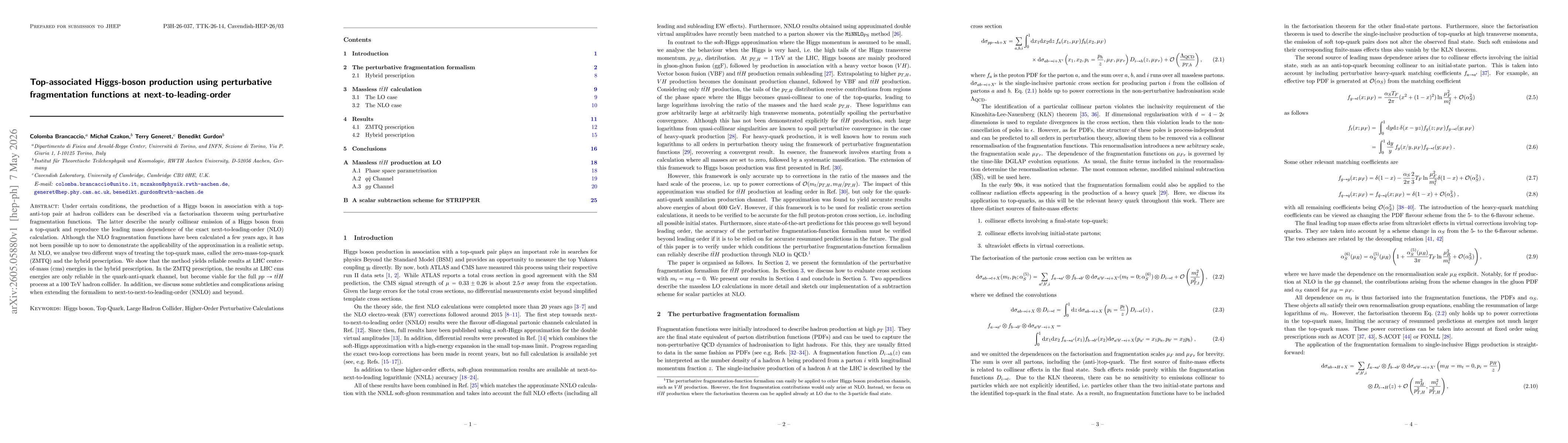 Thumbnail for Top-associated Higgs-boson production using perturbative fragmentation functions at next-to-leading-order