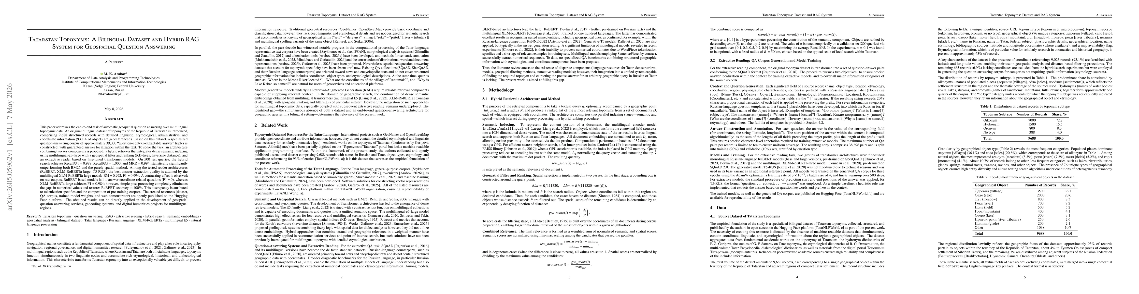 Thumbnail for Tatarstan Toponyms: A Bilingual Dataset and Hybrid RAG System for Geospatial Question Answering