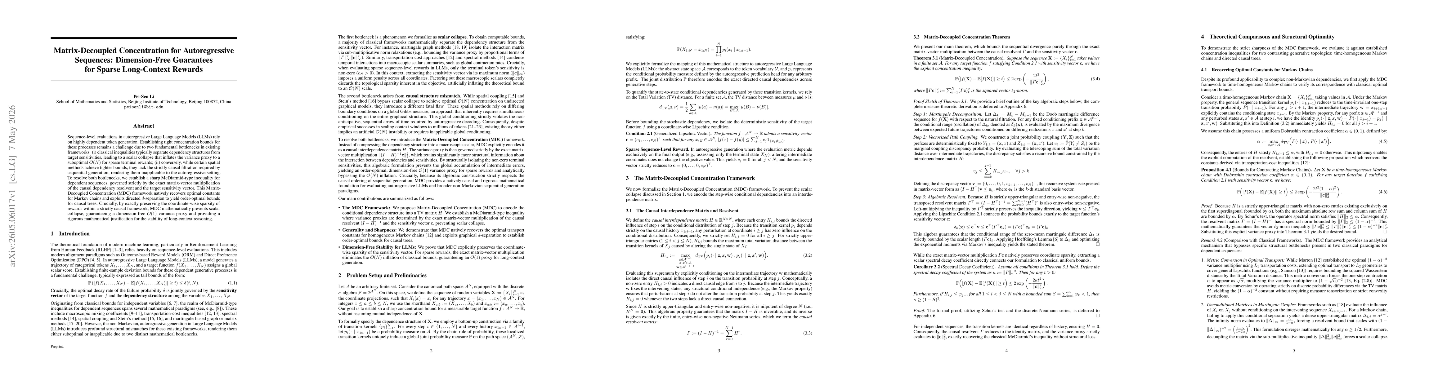 Thumbnail for Matrix-Decoupled Concentration for Autoregressive Sequences: Dimension-Free Guarantees for Sparse Long-Context Rewards