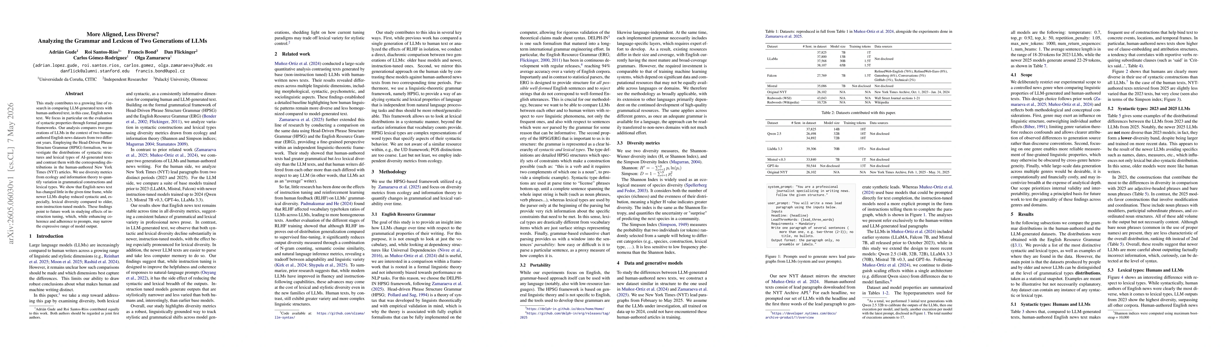 Thumbnail for More Aligned, Less Diverse? Analyzing the Grammar and Lexicon of Two Generations of LLMs