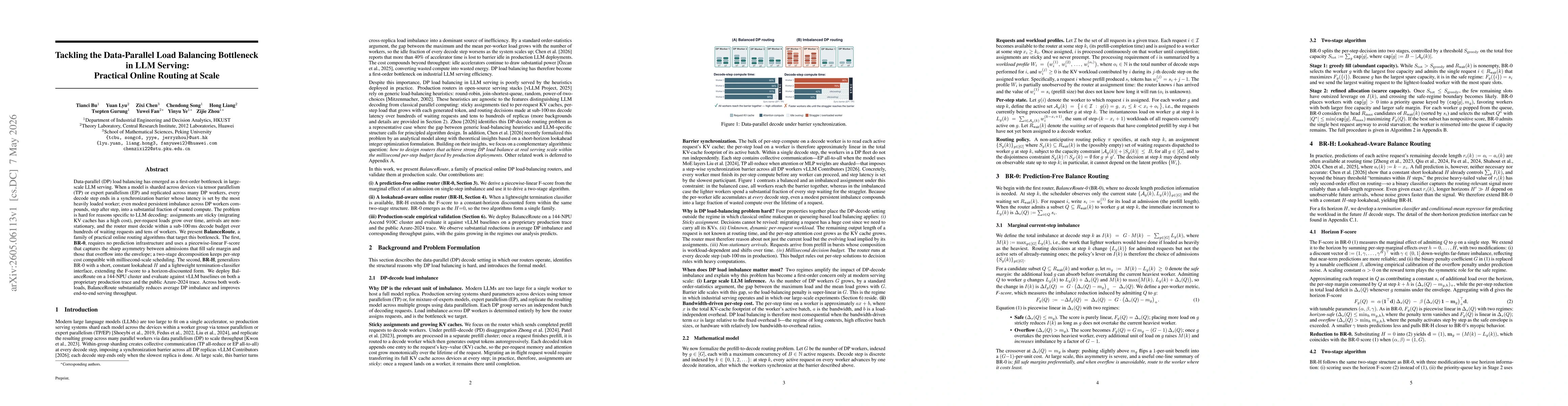 Thumbnail for Tackling the Data-Parallel Load Balancing Bottleneck in LLM Serving: Practical Online Routing at Scale