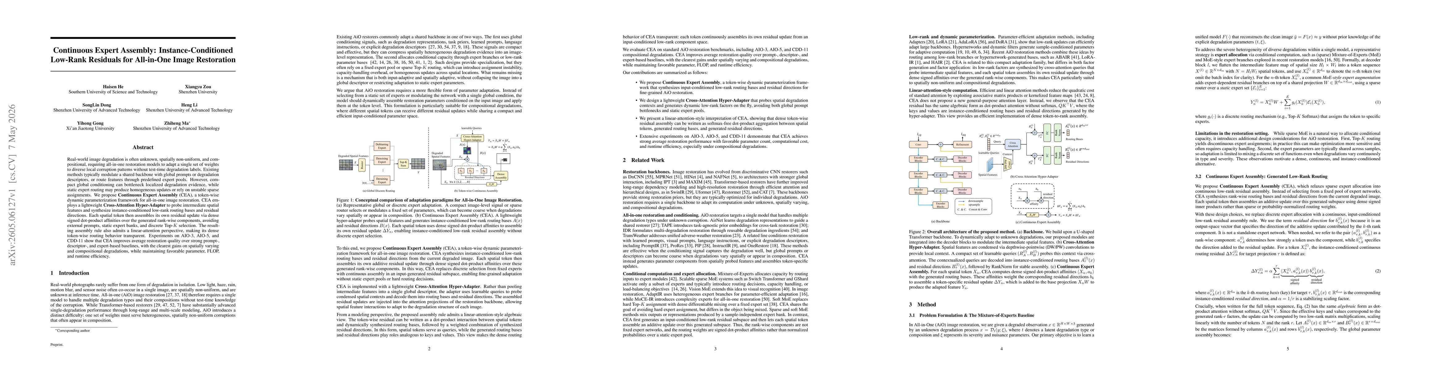 Thumbnail for Continuous Expert Assembly: Instance-Conditioned Low-Rank Residuals for All-in-One Image Restoration