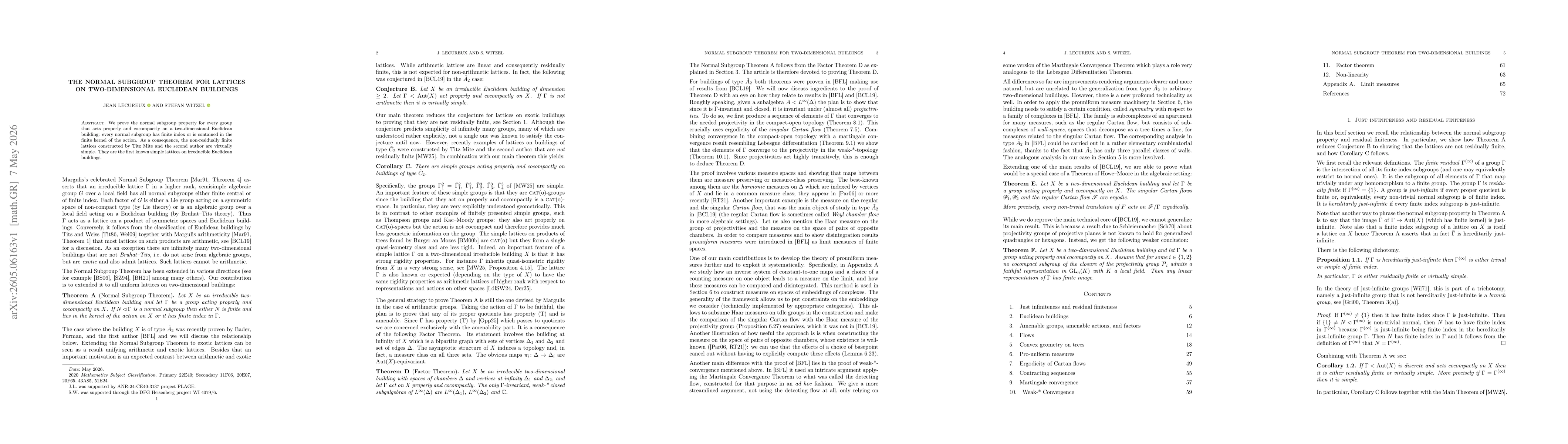 Thumbnail for The Normal Subgroup Theorem for lattices on two-dimensional Euclidean buildings