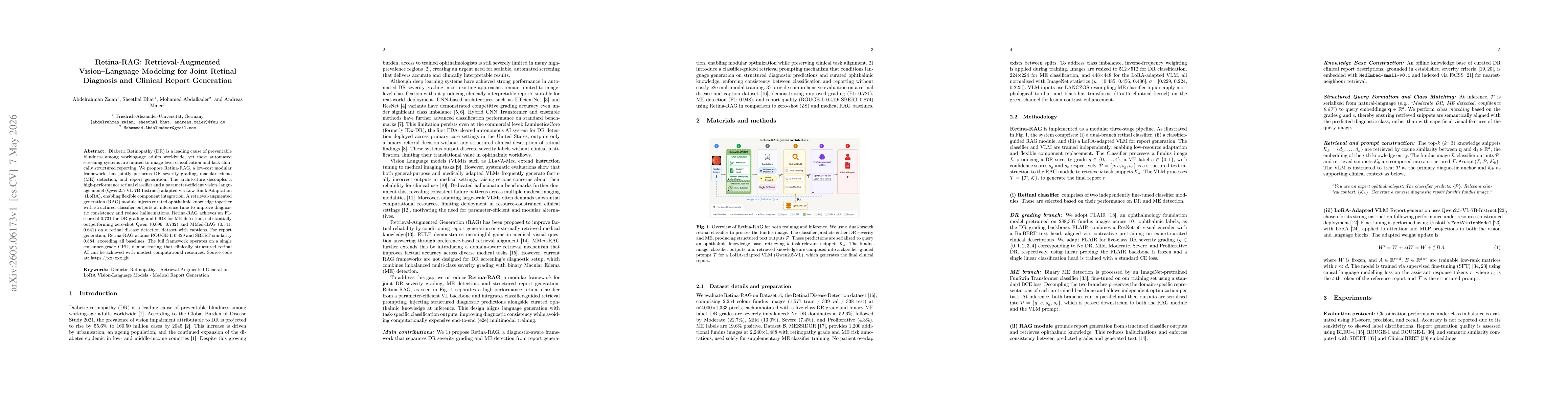 Thumbnail for Retina-RAG: Retrieval-Augmented Vision-Language Modeling for Joint Retinal Diagnosis and Clinical Report Generation