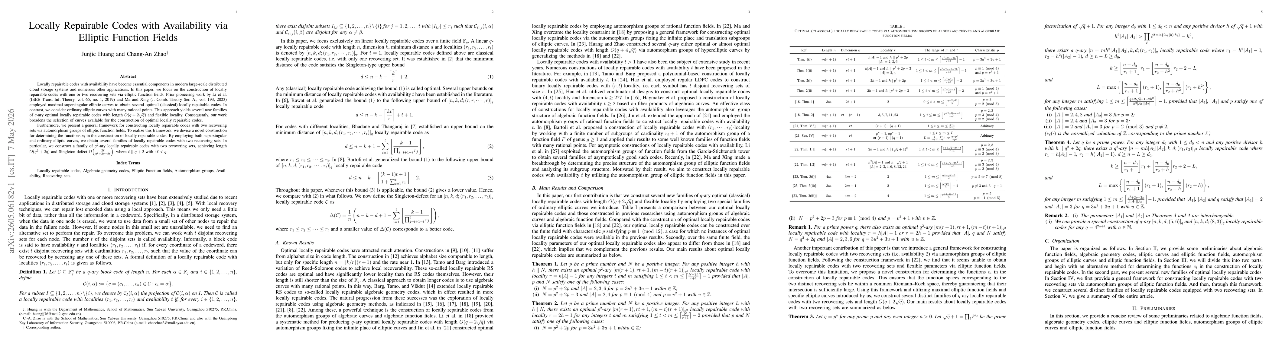 Thumbnail for Locally Repairable Codes with Availability via Elliptic Function Fields