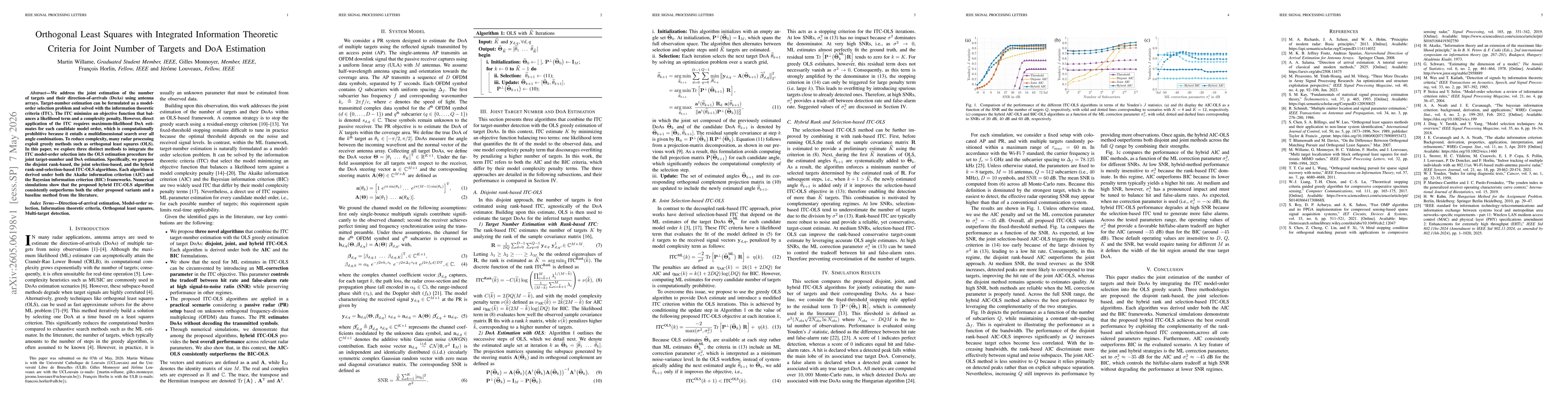 Thumbnail for Orthogonal Least Squares with Integrated Information Theoretic Criteria for Joint Number of Targets and DoA Estimation