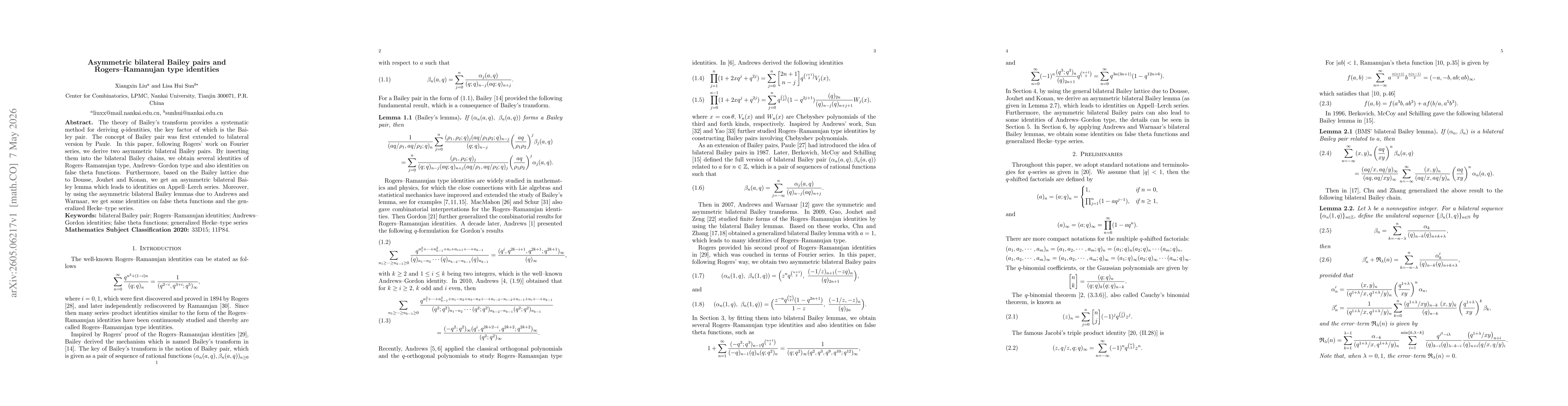 Thumbnail for Asymmetric bilateral Bailey pairs and Rogers-Ramanujan type identities