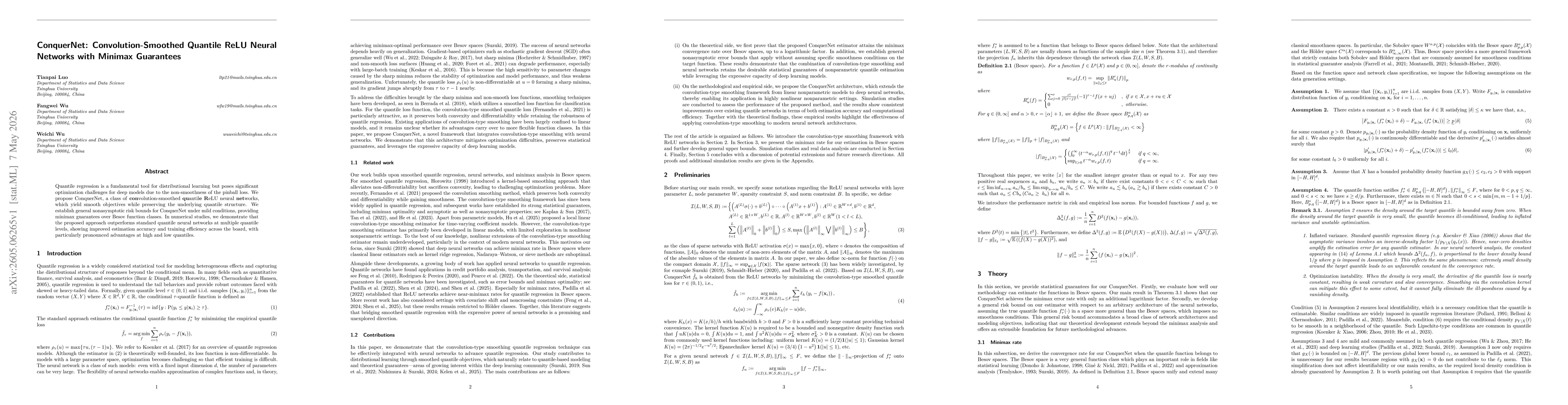 Thumbnail for ConquerNet: Convolution-Smoothed Quantile ReLU Neural Networks with Minimax Guarantees