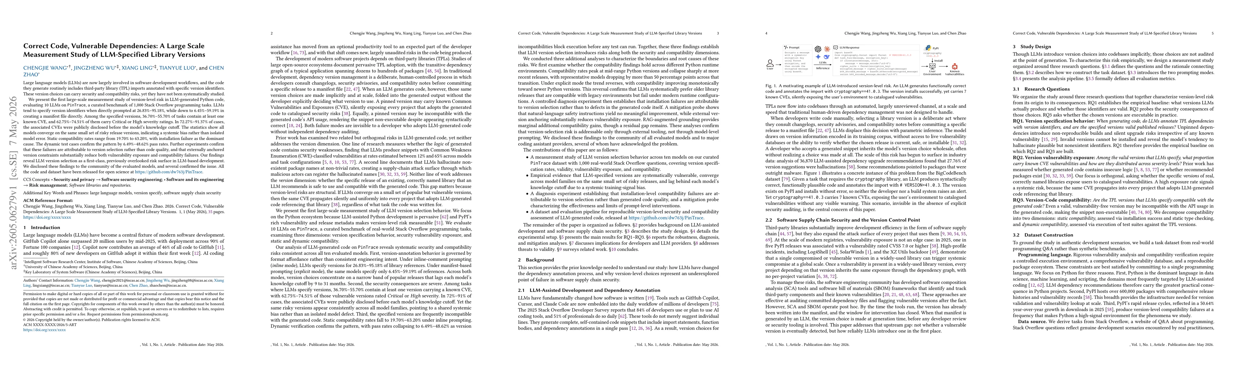 Thumbnail for Correct Code, Vulnerable Dependencies: A Large Scale Measurement Study of LLM-Specified Library Versions