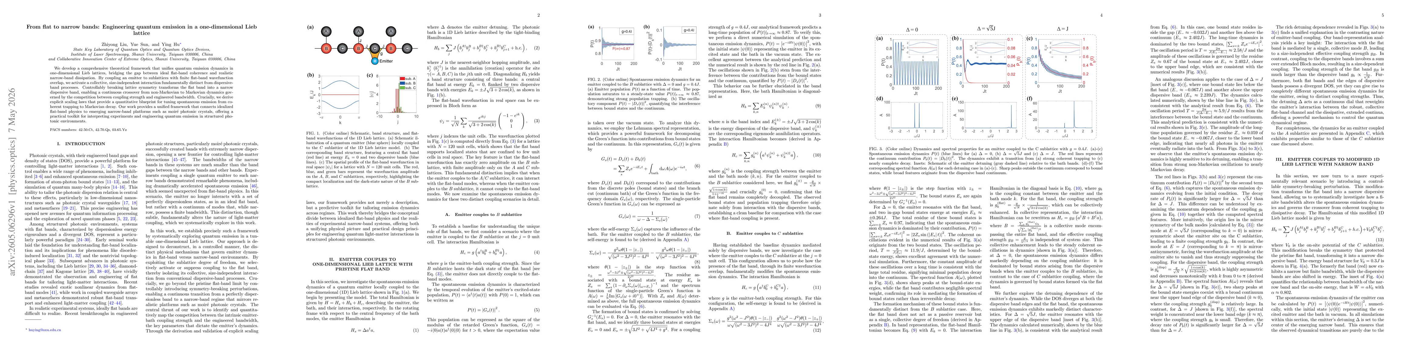 Thumbnail for From flat to narrow bands: Engineering quantum emission in a one-dimensional Lieb lattice