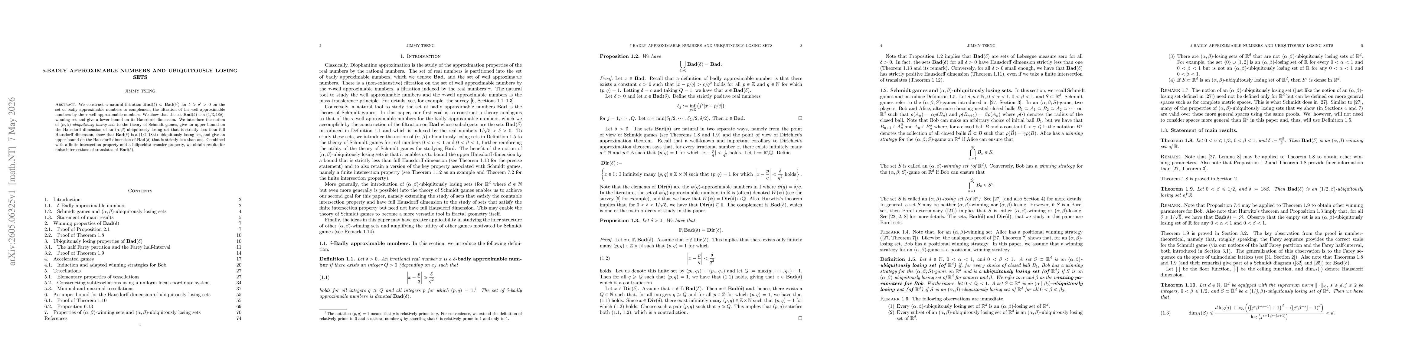 Thumbnail for $δ$-Badly approximable numbers and ubiquitously losing sets