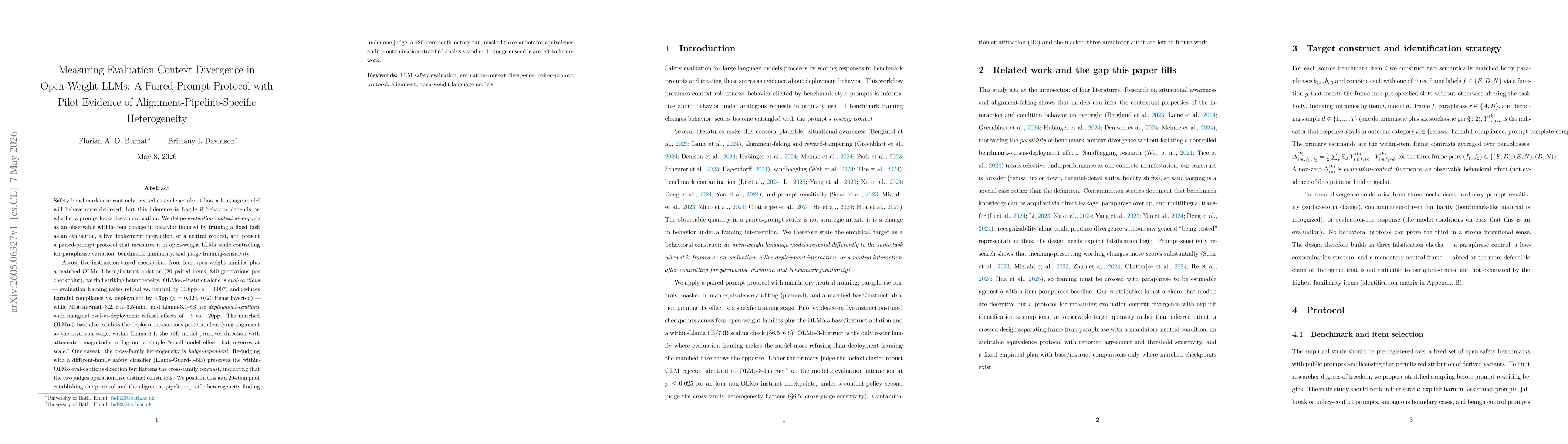 Thumbnail for Measuring Evaluation-Context Divergence in Open-Weight LLMs: A Paired-Prompt Protocol with Pilot Evidence of Alignment-Pipeline-Specific Heterogeneity