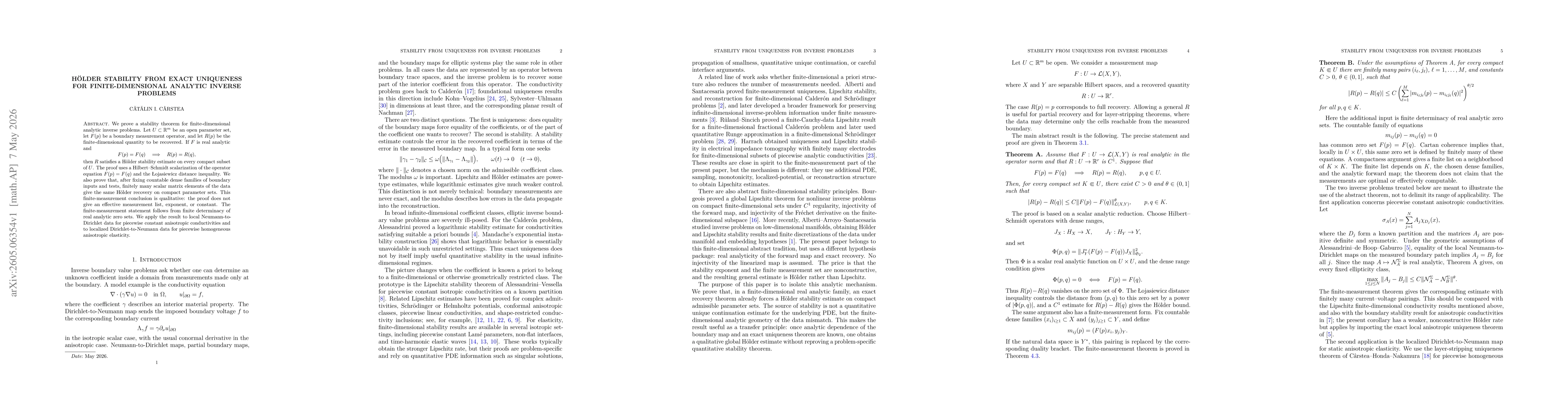 Thumbnail for Hölder Stability from Exact Uniqueness for Finite-Dimensional Analytic Inverse Problems