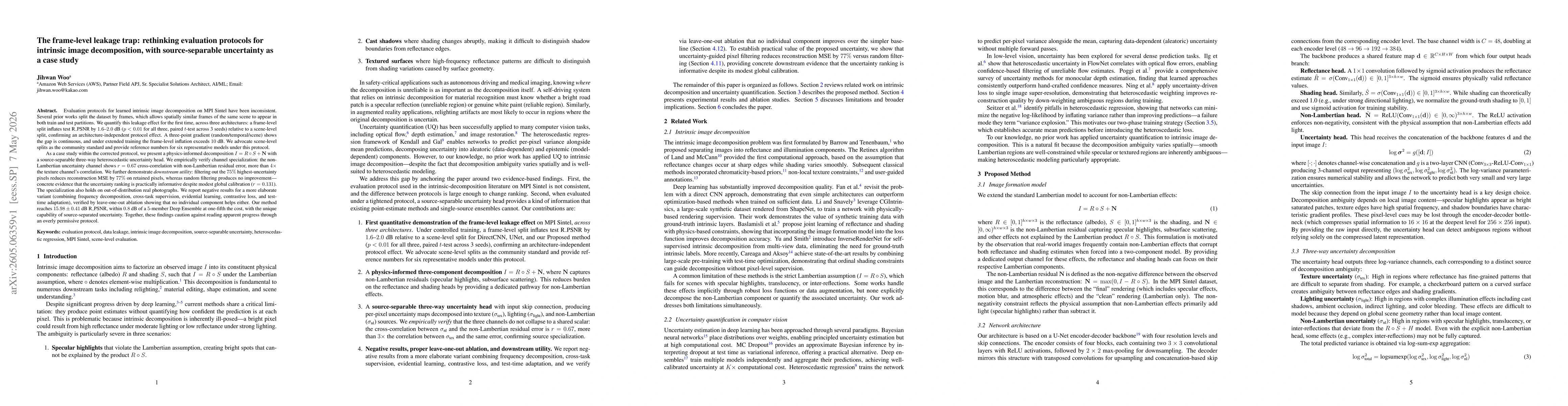 Thumbnail for The frame-level leakage trap: rethinking evaluation protocols for intrinsic image decomposition, with source-separable uncertainty as a case study