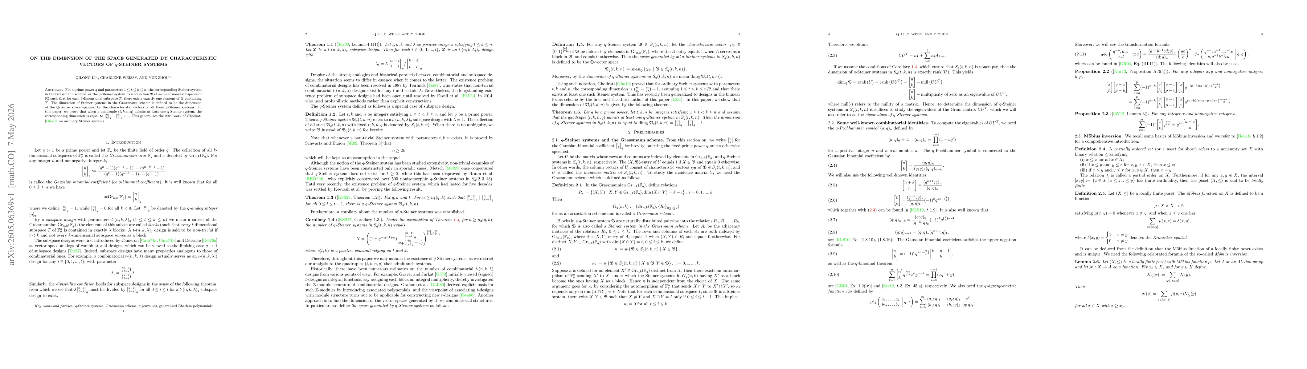 Thumbnail for On the dimension of the space generated by characteristic vectors of $q$-Steiner systems