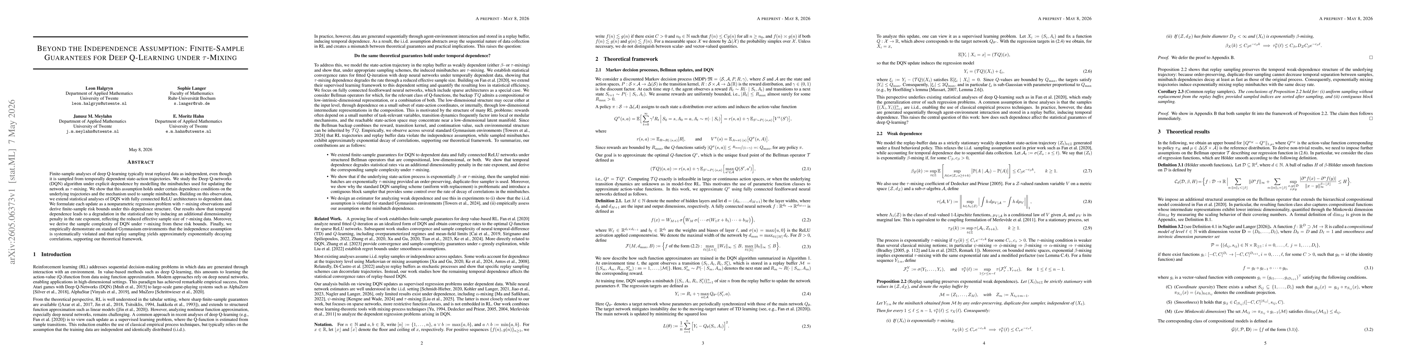 Thumbnail for Beyond the Independence Assumption: Finite-Sample Guarantees for Deep Q-Learning under $τ$-Mixing