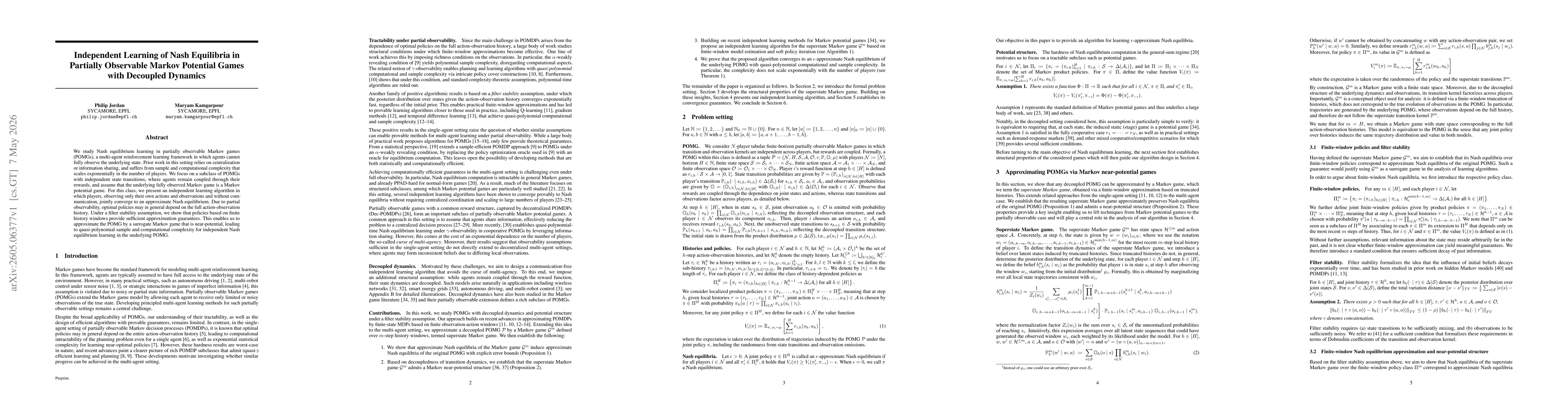 Thumbnail for Independent Learning of Nash Equilibria in Partially Observable Markov Potential Games with Decoupled Dynamics