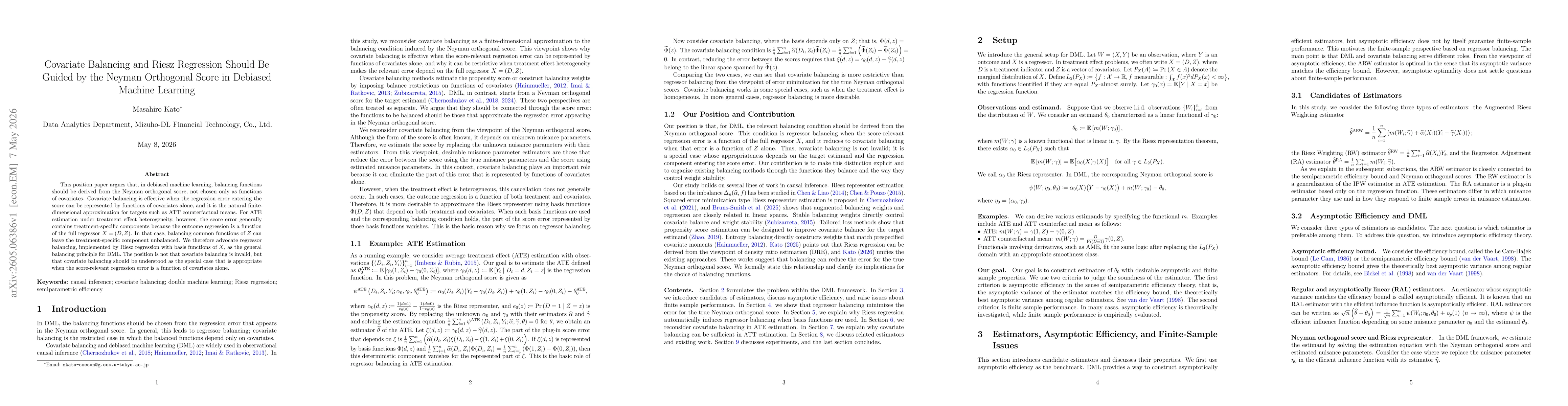 Thumbnail for Covariate Balancing and Riesz Regression Should Be Guided by the Neyman Orthogonal Score in Debiased Machine Learning