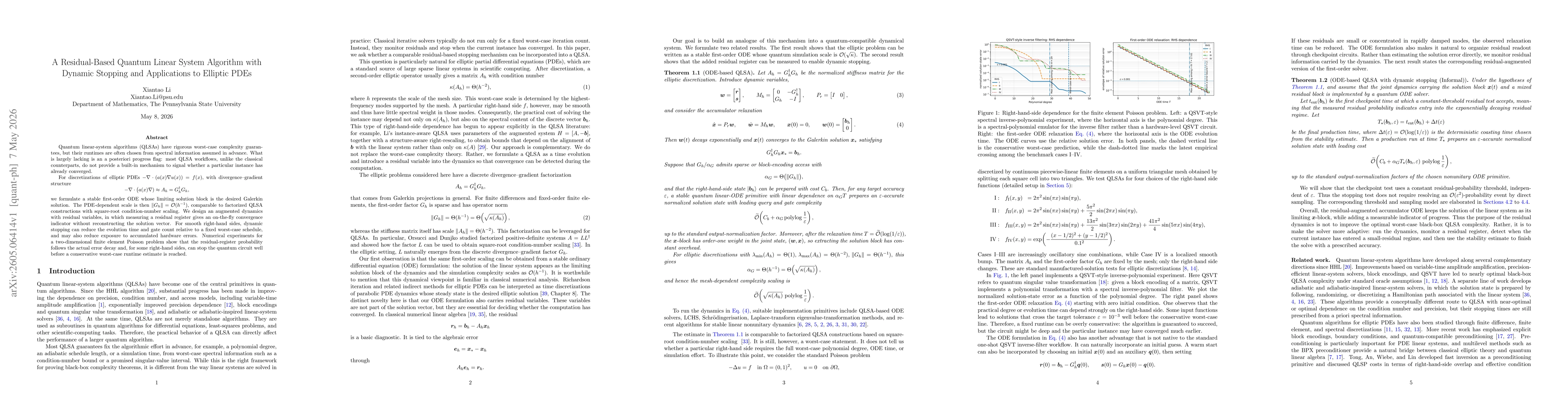 Thumbnail for A Residual-Based Quantum Linear System Algorithm with Dynamic Stopping and Applications to Elliptic PDEs
