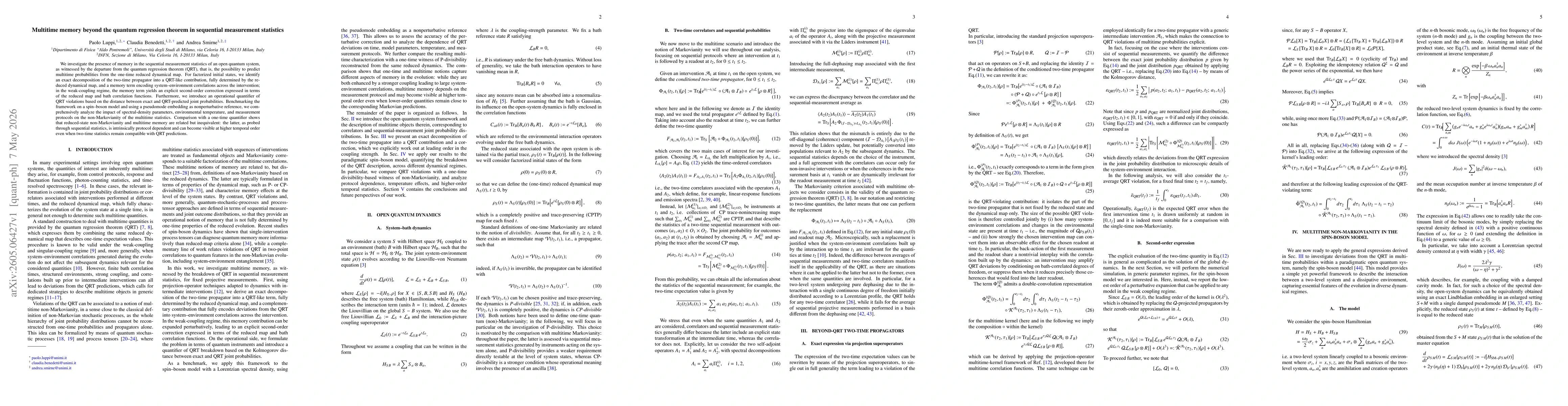Thumbnail for Multitime memory beyond the quantum regression theorem in sequential measurement statistics