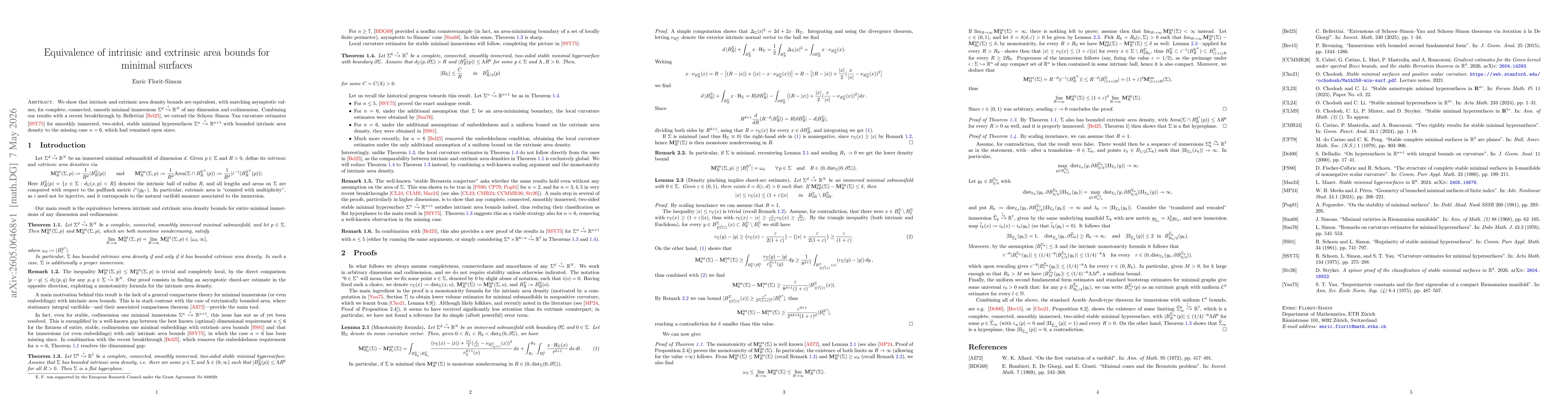 Thumbnail for Equivalence of intrinsic and extrinsic area bounds for minimal surfaces