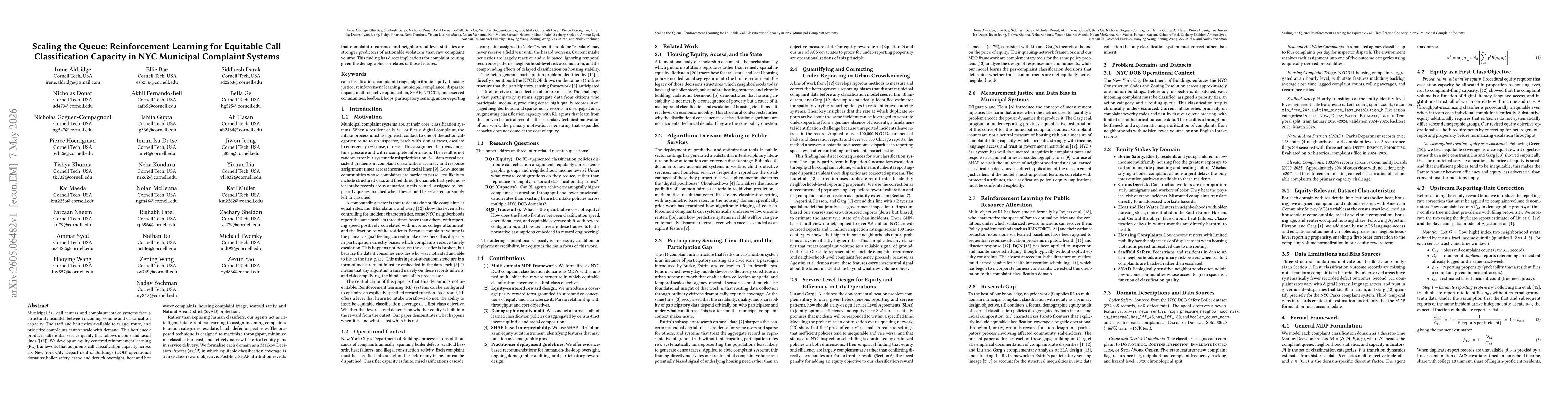 Thumbnail for Scaling the Queue: Reinforcement Learning for Equitable Call Classification Capacity in NYC Municipal Complaint Systems