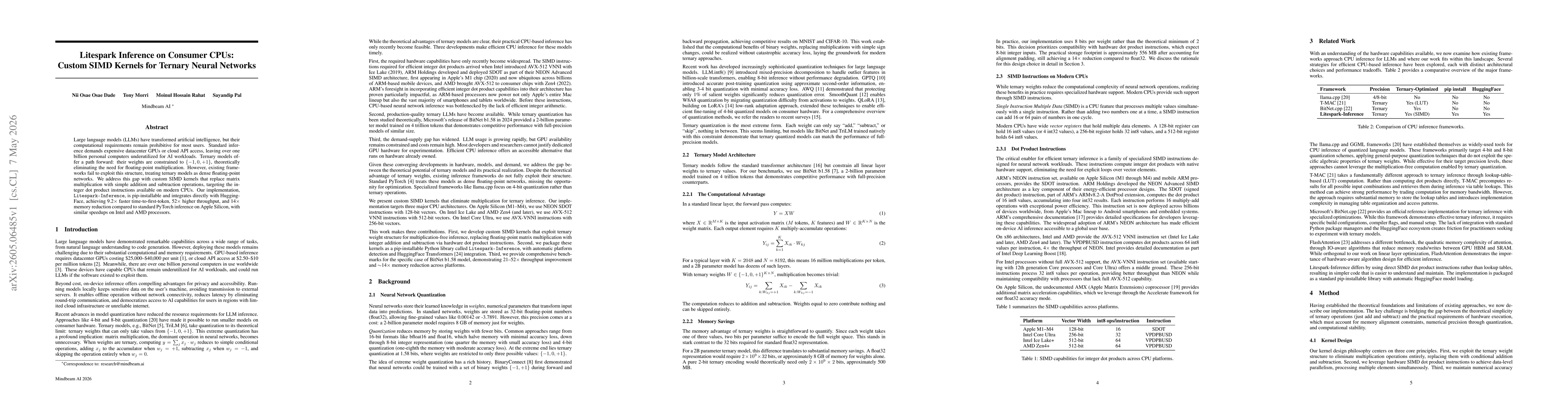 Thumbnail for Litespark Inference on Consumer CPUs: Custom SIMD Kernels for Ternary Neural Networks