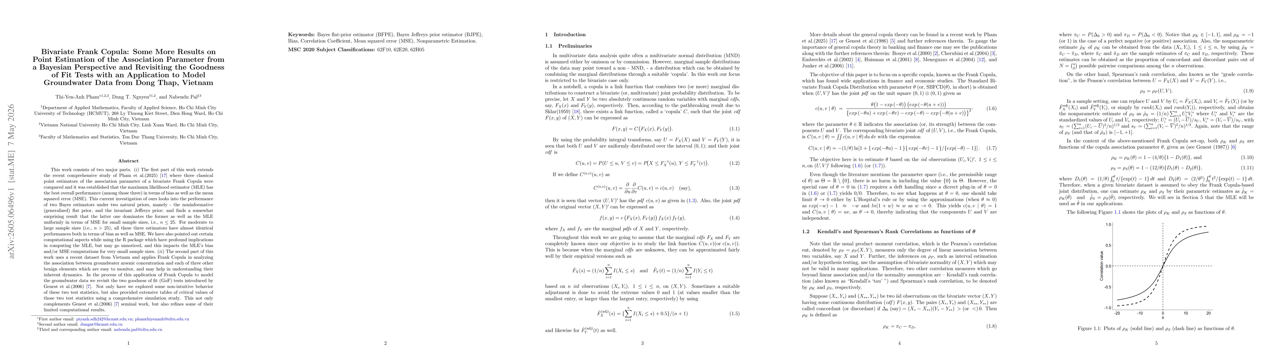 Thumbnail for Bivariate Frank Copula: Some More Results on Point Estimation of the Association Parameter from a Bayesian Perspective and Revisiting the Goodness of Fit Tests with an Application to Model Groundwater Data from Dong Thap, Vietnam
