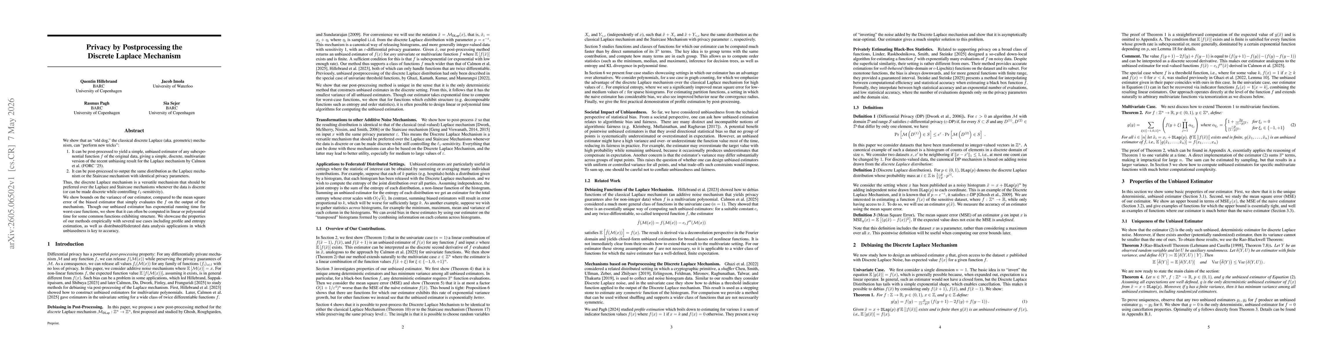 Thumbnail for Privacy by Postprocessing the Discrete Laplace Mechanism