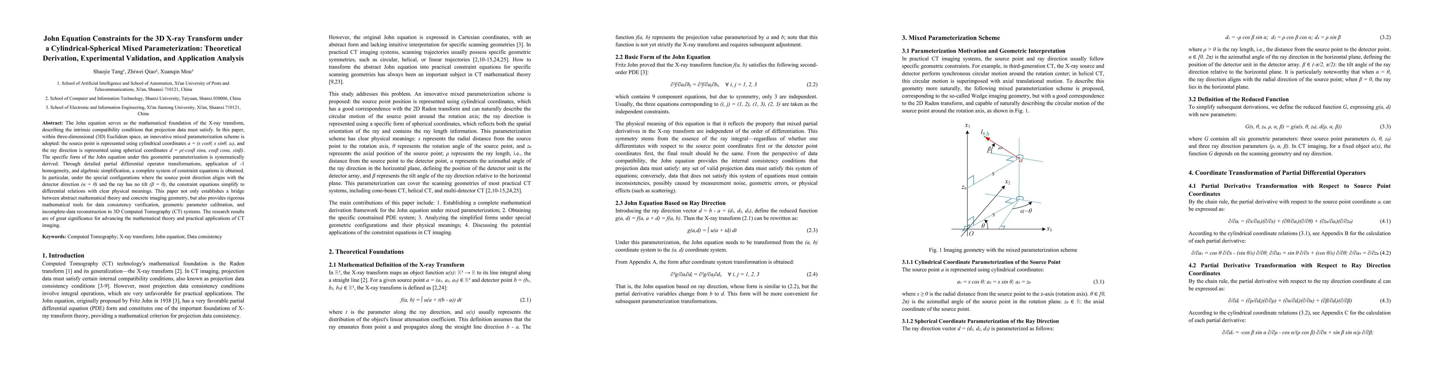 Thumbnail for John Equation Constraints for the 3D X-ray Transform under a Cylindrical-Spherical Mixed Parameterization: Theoretical Derivation, Experimental Validation, and Application Analysis