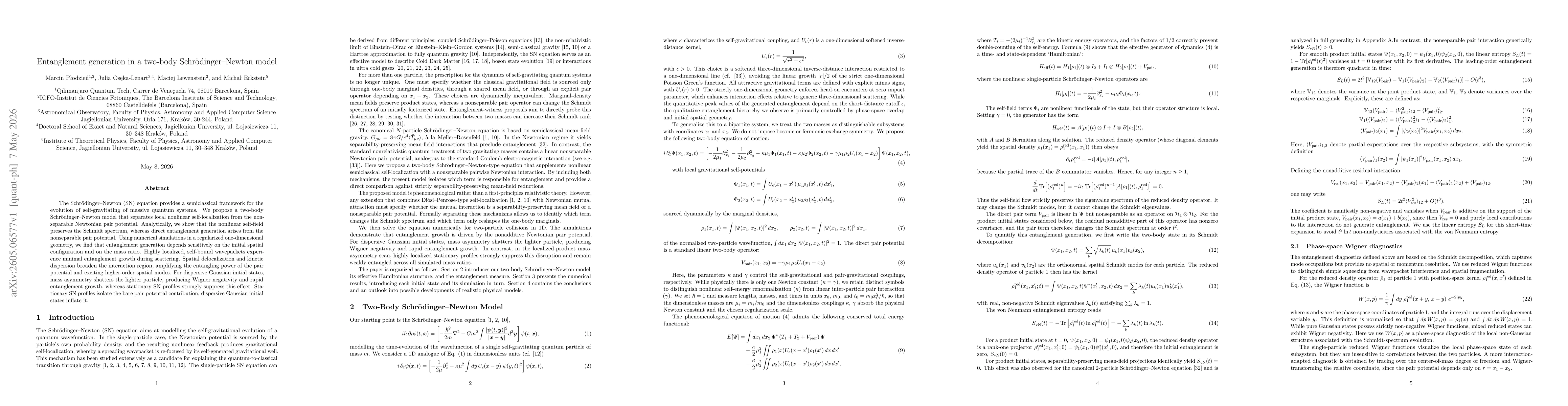 Thumbnail for Entanglement generation in a two-body Schrödinger--Newton model