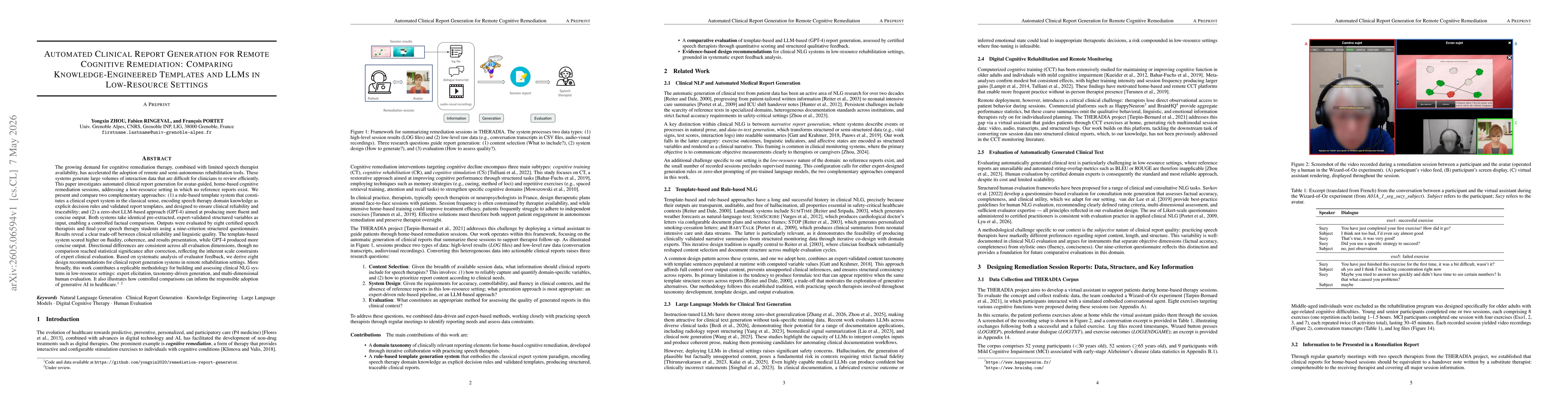 Thumbnail for Automated Clinical Report Generation for Remote Cognitive Remediation: Comparing Knowledge-Engineered Templates and LLMs in Low-Resource Settings