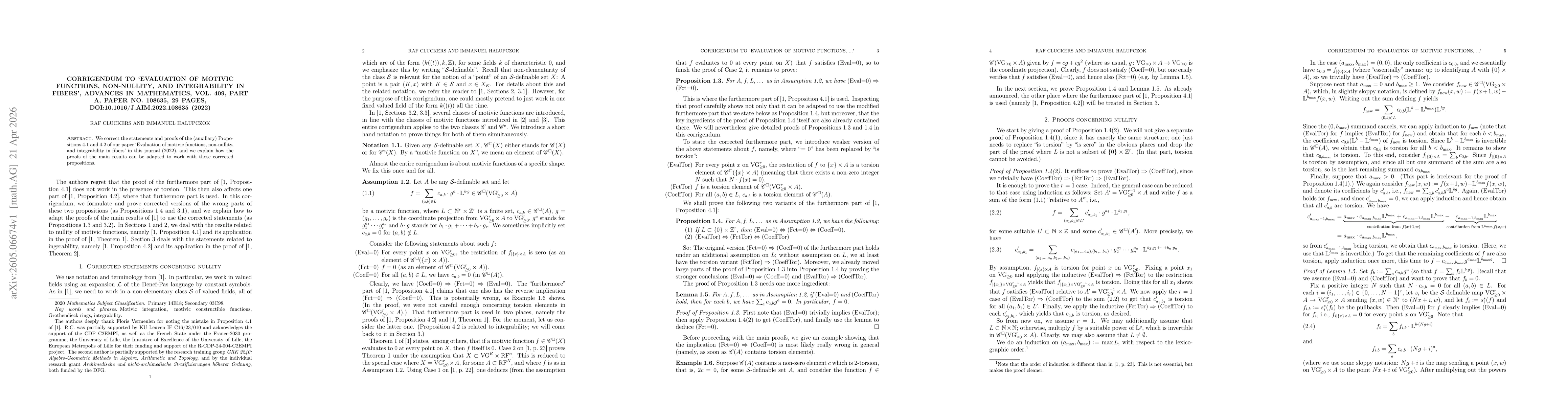 Thumbnail for Corrigendum to `Evaluation of motivic functions, non-nullity, and integrability in fibers', Advances in Mathematics, Vol. 409, Part A, Paper No. 108635, 29 pages, doi:10.1016/j.aim.2022.108635 (2022)