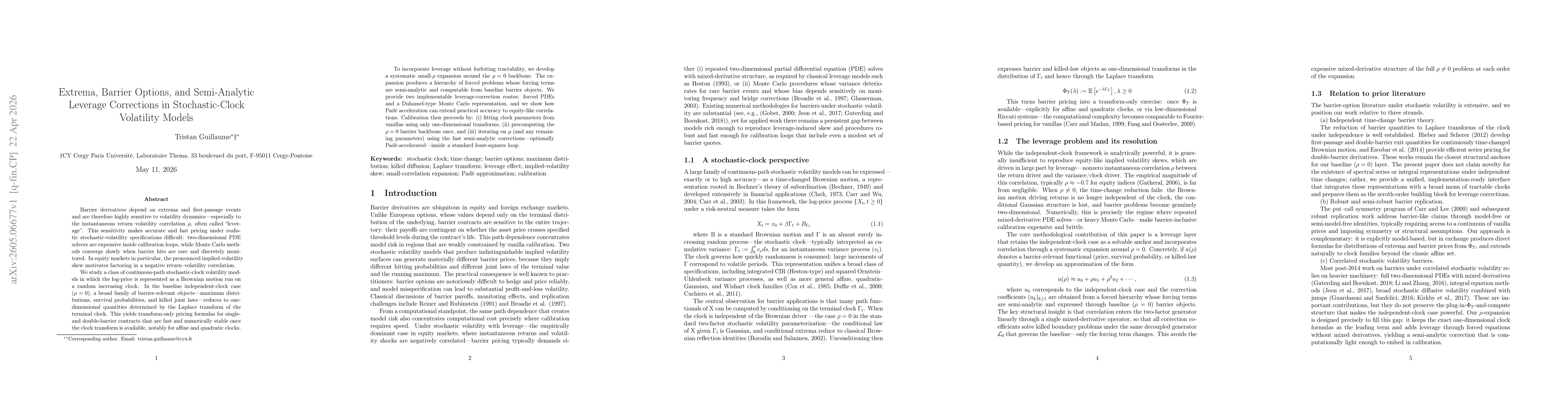 Thumbnail for Extrema, Barrier Options, and Semi-Analytic Leverage Corrections in Stochastic-Clock Volatility Models