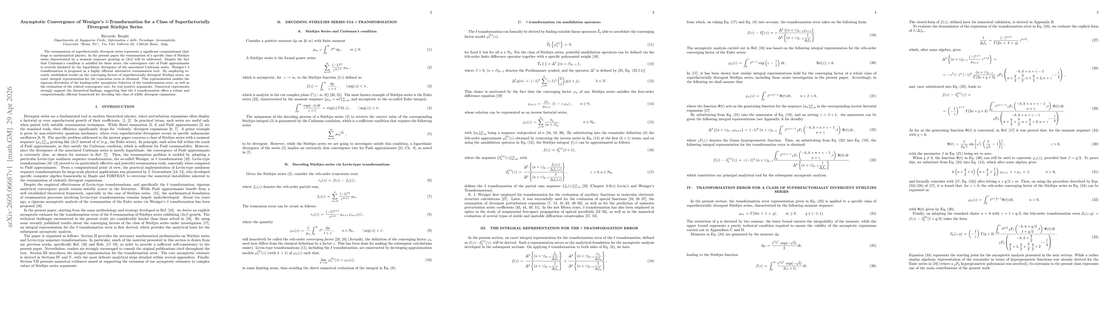 Thumbnail for Asymptotic Convergence of Weniger's $δ$-Transformation for a Class of Superfactorially Divergent Stieltjes Series