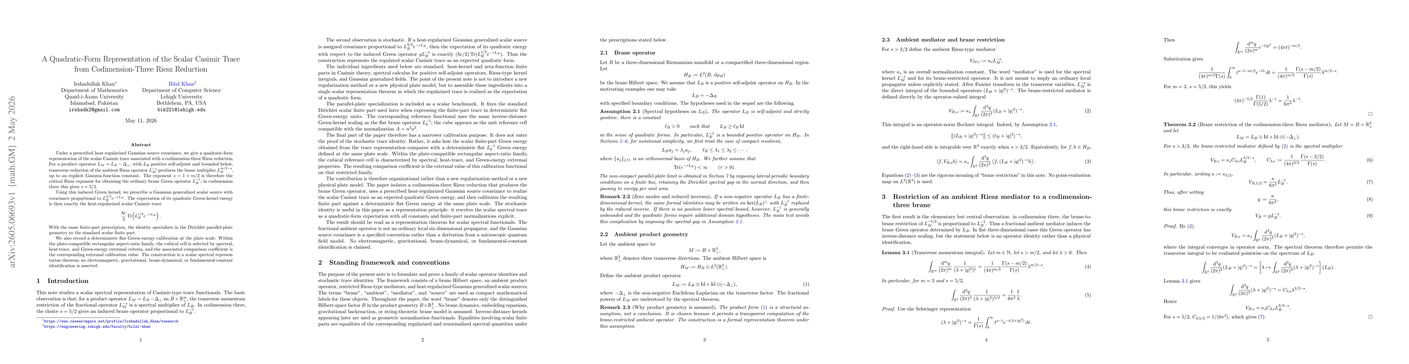 Thumbnail for A Quadratic-Form Representation of the Scalar Casimir Trace from Codimension-Three Riesz Reduction