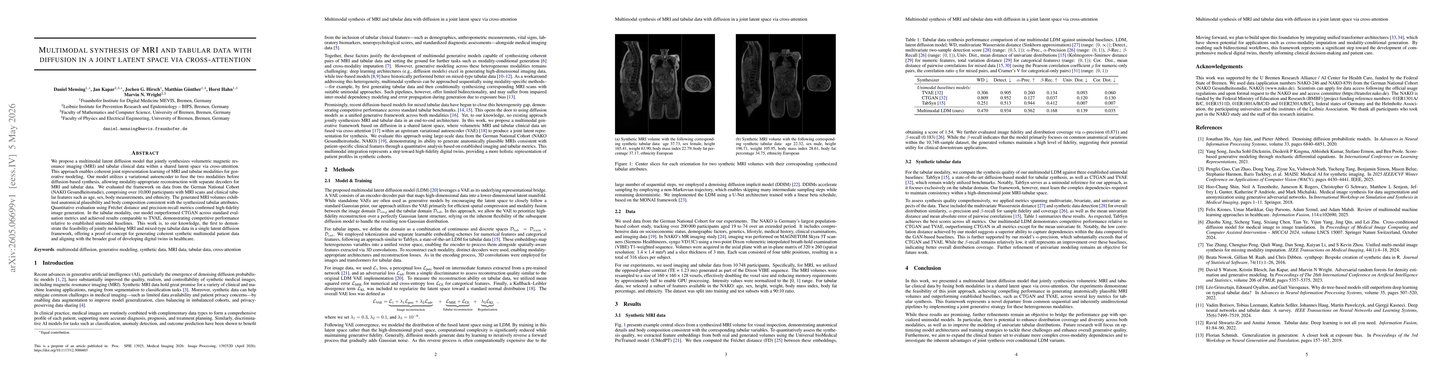 Thumbnail for Multimodal synthesis of MRI and tabular data with diffusion in a joint latent space via cross-attention