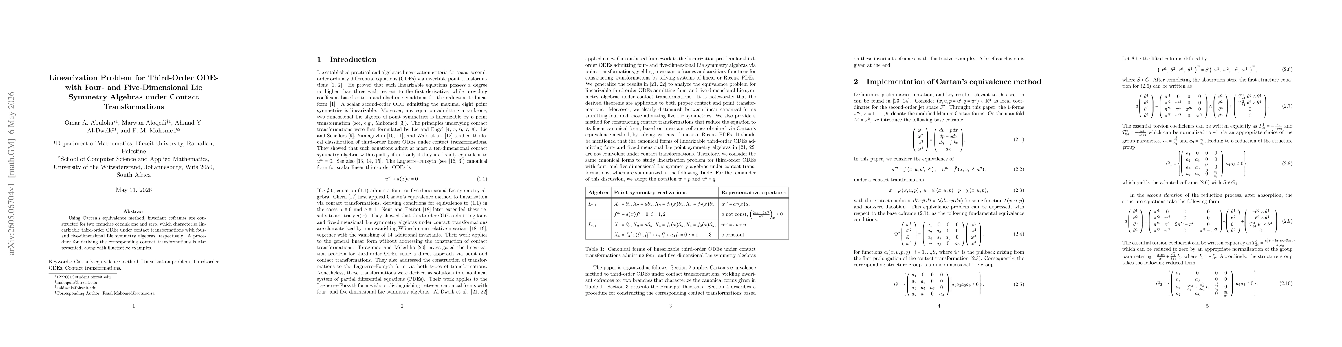 Thumbnail for Linearization Problem for Third-Order ODEs with Four- and Five-Dimensional Lie Symmetry Algebras under Contact Transformations