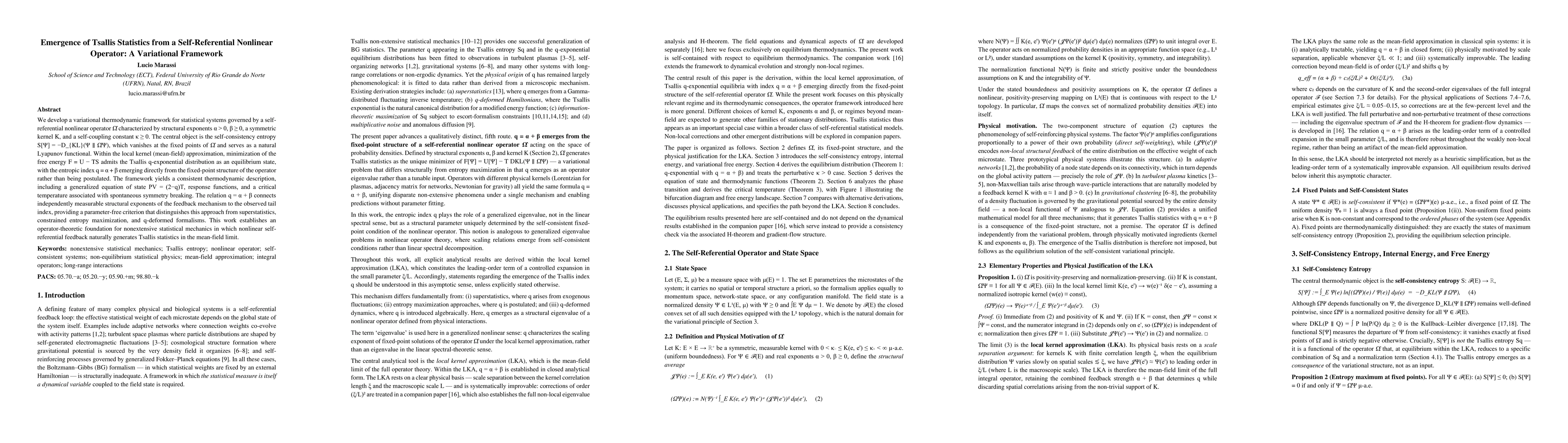 Thumbnail for Emergence of Tsallis Statistics from a Self-Referential Nonlinear Operator: A Variational Framework