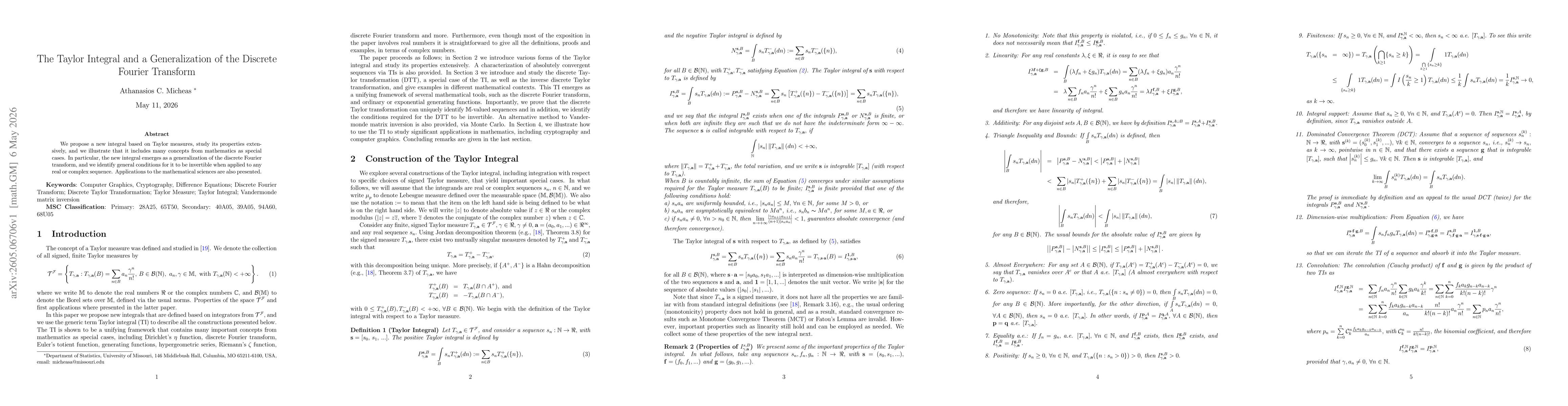 Thumbnail for The Taylor Integral and a Generalization of the Discrete Fourier Transform