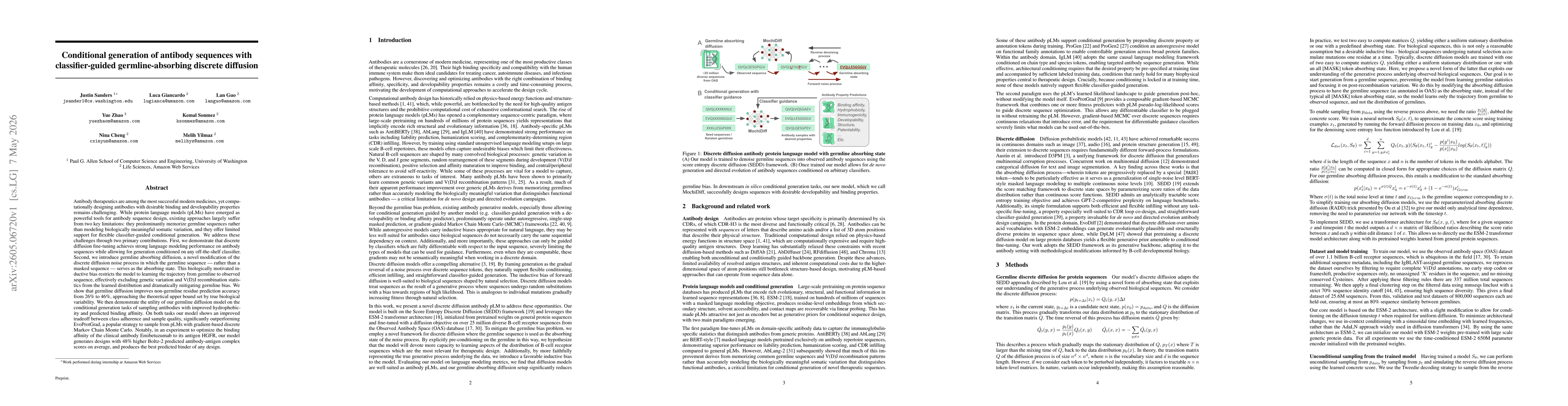 Thumbnail for Conditional generation of antibody sequences with classifier-guided germline-absorbing discrete diffusion