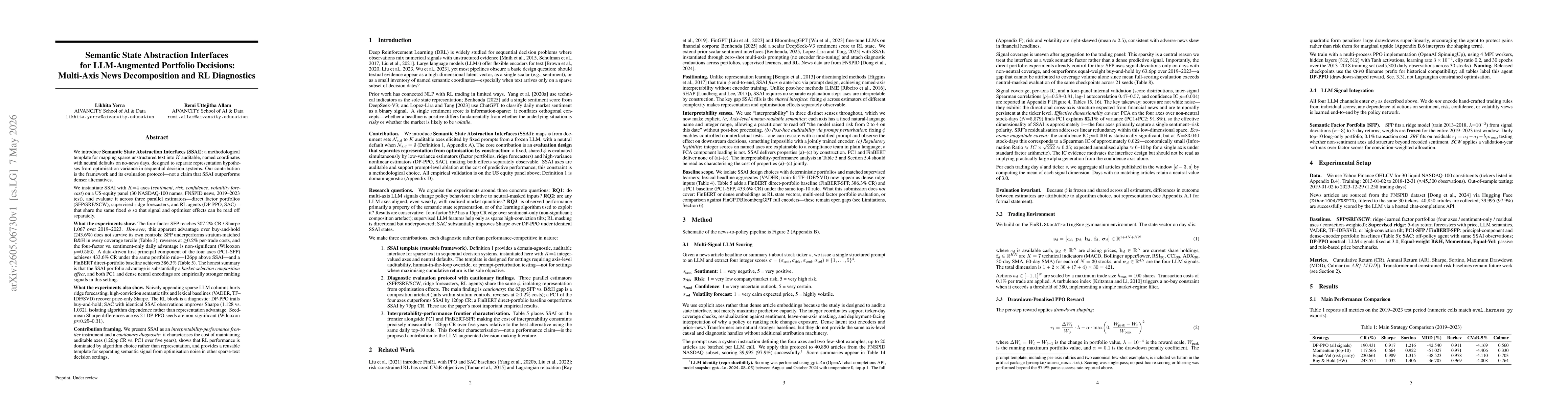 Thumbnail for Semantic State Abstraction Interfaces for LLM-Augmented Portfolio Decisions: Multi-Axis News Decomposition and RL Diagnostics