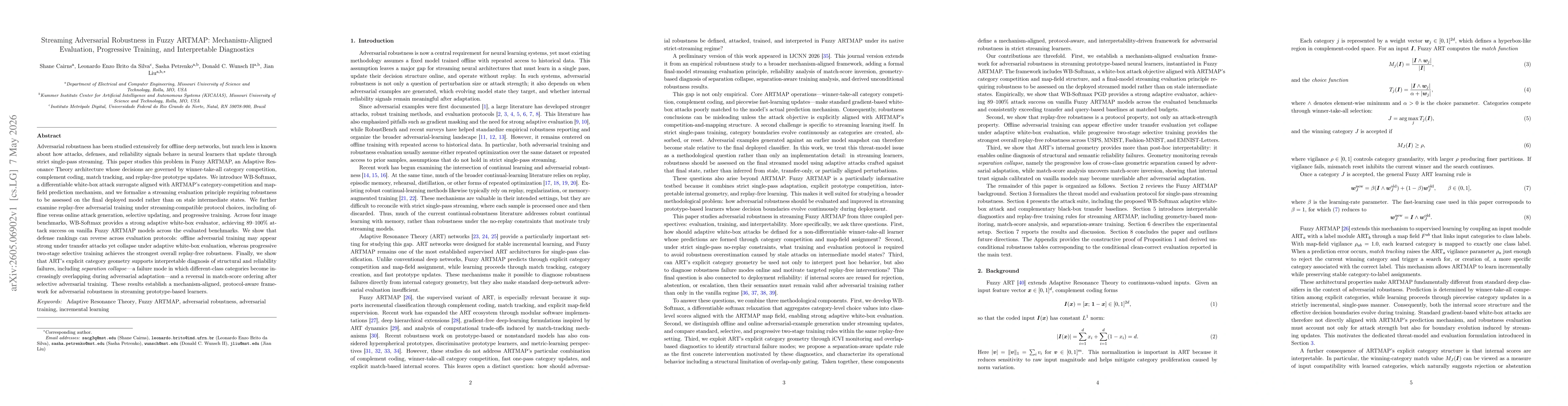Thumbnail for Streaming Adversarial Robustness in Fuzzy ARTMAP: Mechanism-Aligned Evaluation, Progressive Training, and Interpretable Diagnostics