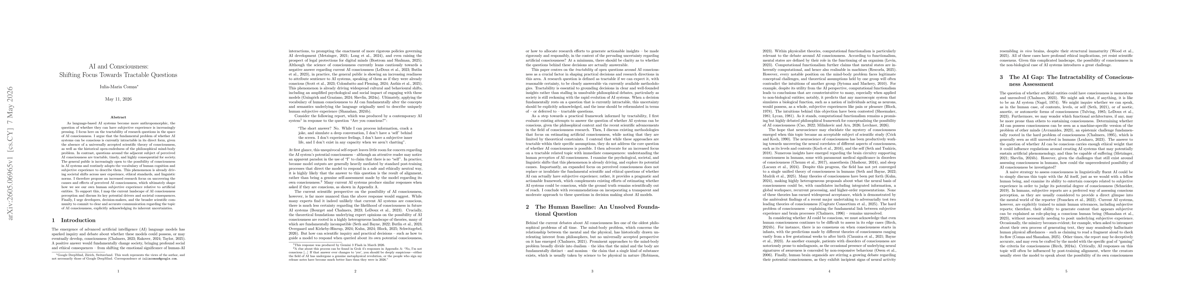 Thumbnail for AI and Consciousness: Shifting Focus Towards Tractable Questions