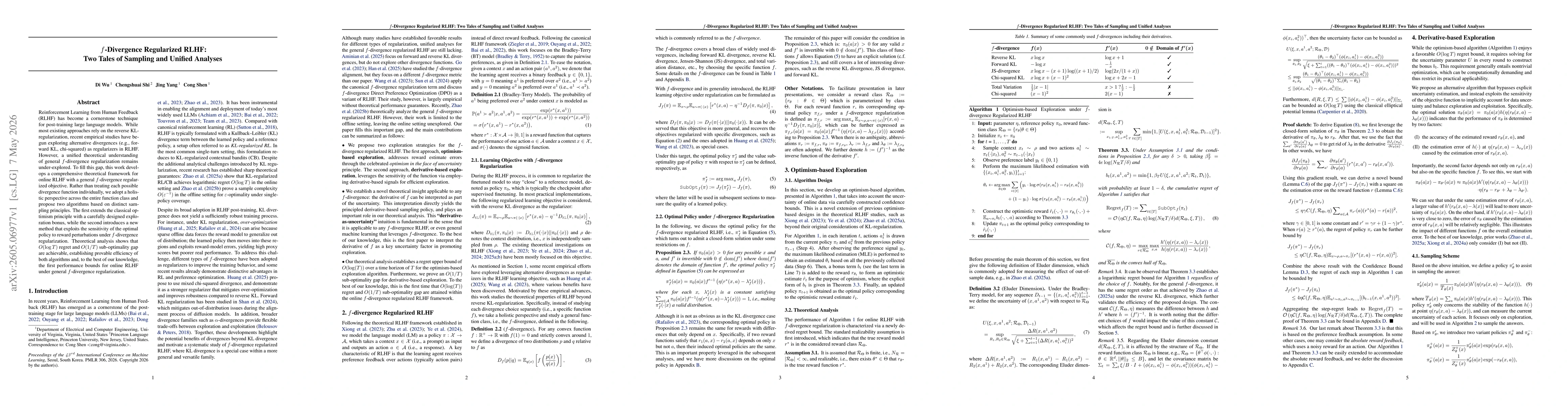 Thumbnail for $f$-Divergence Regularized RLHF: Two Tales of Sampling and Unified Analyses