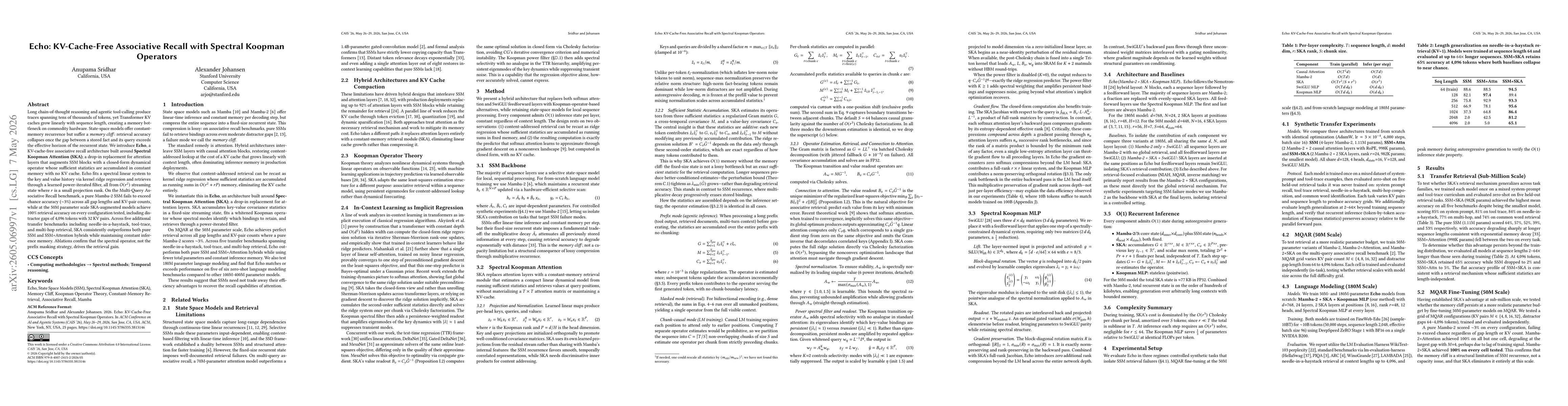 Thumbnail for Echo: KV-Cache-Free Associative Recall with Spectral Koopman Operators