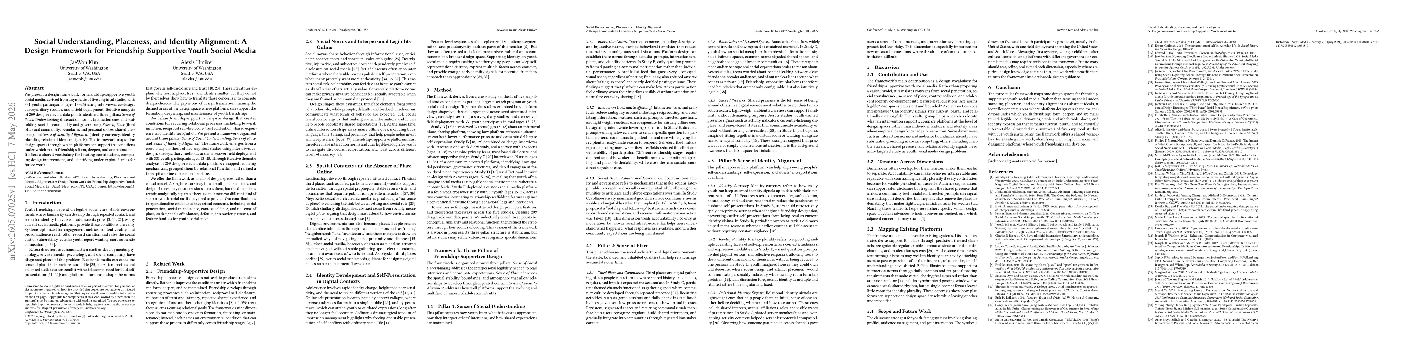 Thumbnail for Social Understanding, Placeness, and Identity Alignment: A Design Framework for Friendship-Supportive Youth Social Media