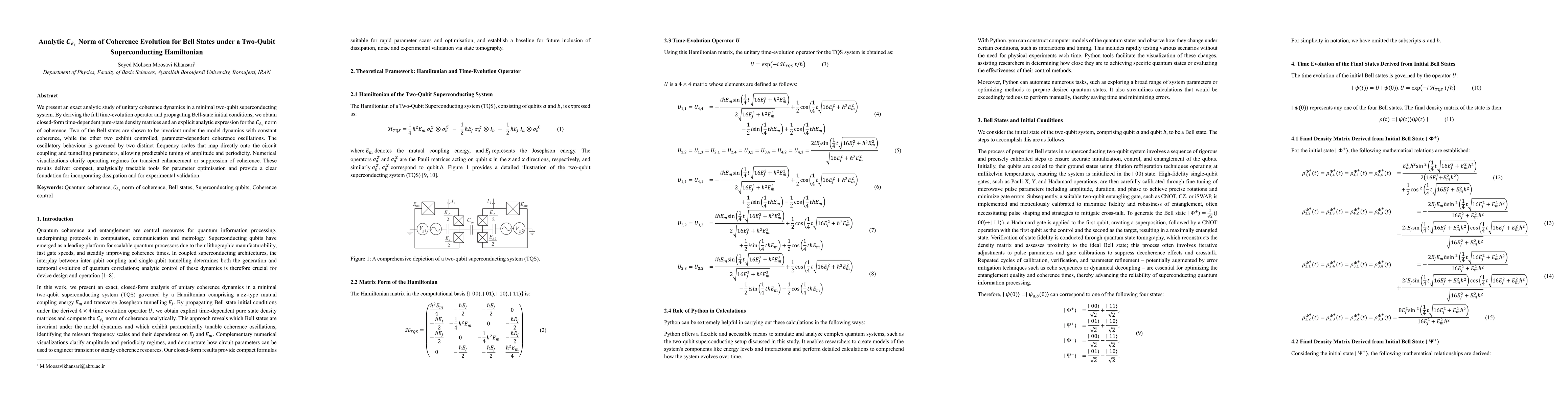 Thumbnail for Analytic $C_{\ell_1}$ norm of Coherence Evolution for Bell States under a Two-Qubit Superconducting Hamiltonian