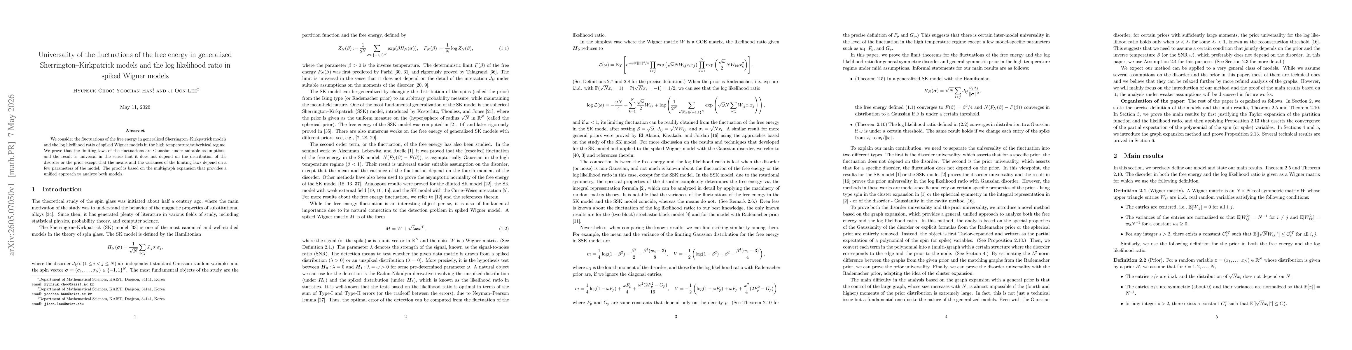 Thumbnail for Universality of the fluctuations of the free energy in generalized Sherrington-Kirkpatrick models and the log likelihood ratio in spiked Wigner models