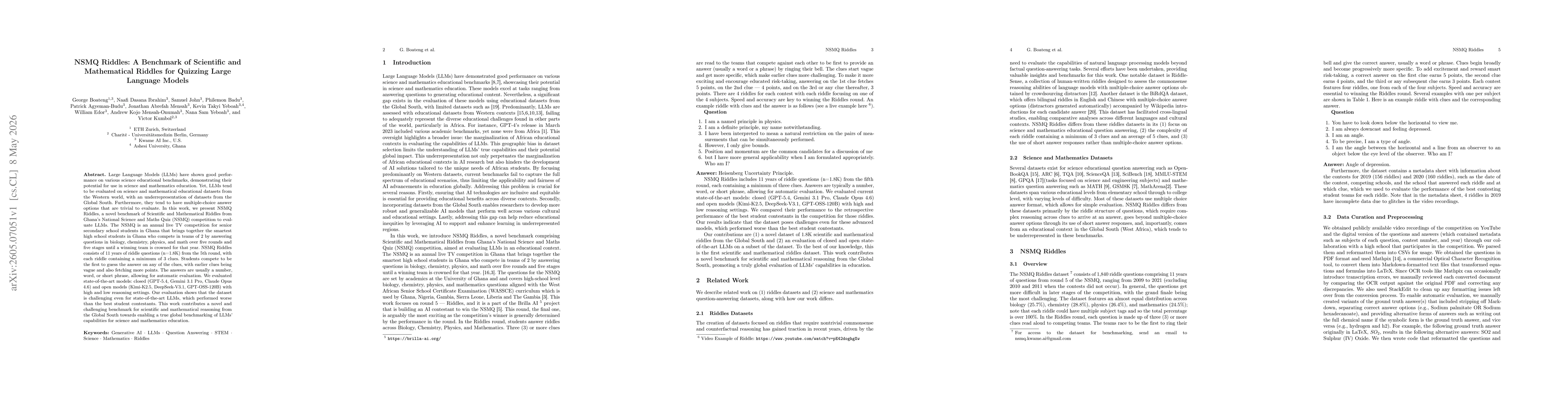Thumbnail for NSMQ Riddles: A Benchmark of Scientific and Mathematical Riddles for Quizzing Large Language Models